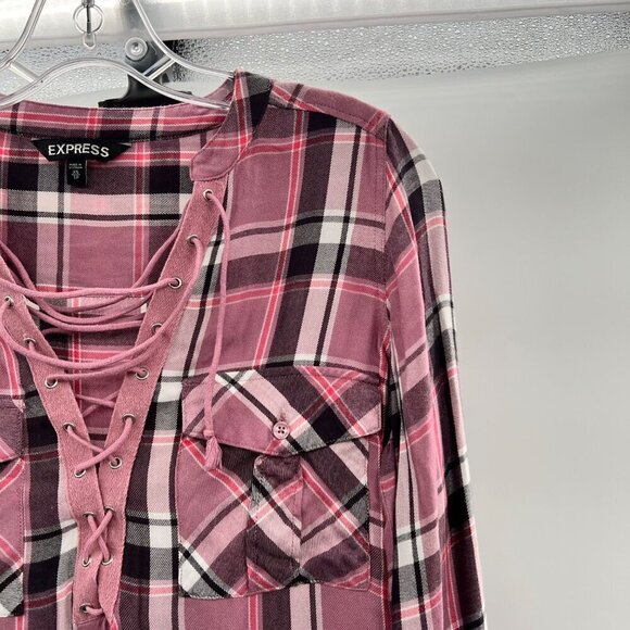 Express Women's Criss Cross Neck Long Sleeve Plaid Pullover Top Size XS - Picture 4 of 9